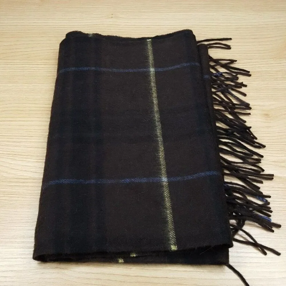 CLUB ROOM Mens Scarf Brown Plaid 100% Cashmere Fringe Rectangle Soft Knit 63x13
